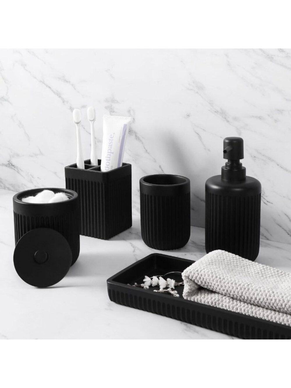 Matte Black Resin Bathroom Accessories Set - 5 Pcs, Soap Dispenser, Toothbrush
